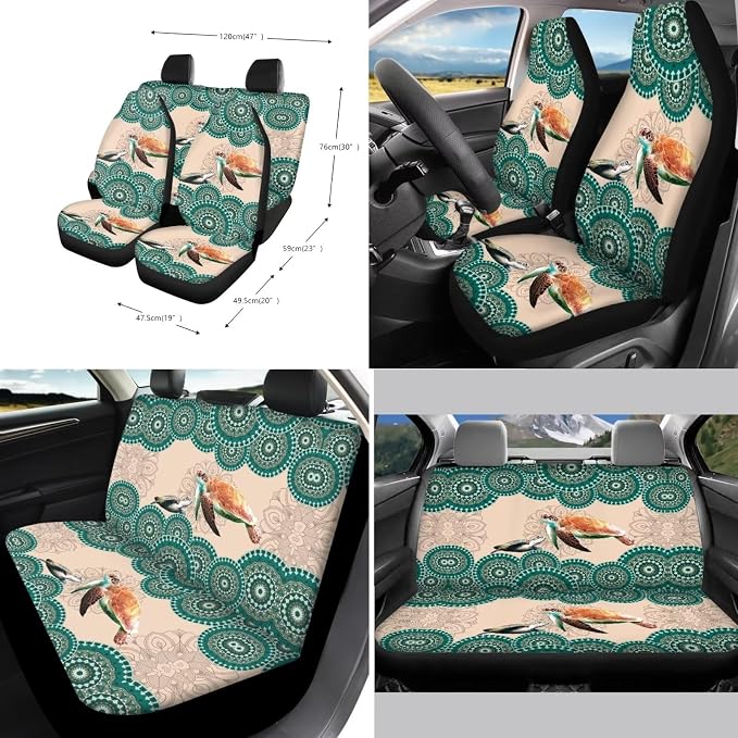 Suobstales Boho Mandala Turtle Print Car Seat Covers Full Set for Women Girly Seat Cover Protector Auto Decorative with Steering Wheel Cover +Seat Belt Covers +Coasters +Keychains