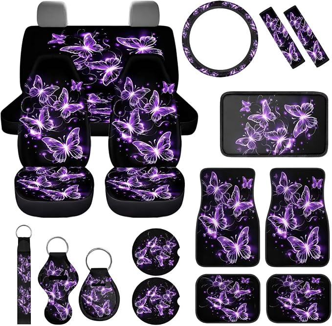 17Pcs Purple Butterfly Car Accessories Full Set for Women,Neon Butterfly Car Seat Covers Set for Front and Rear,Neon Butterflies Car Rubber Floor Mats Shoulder Pad Seat Belt Protector Set