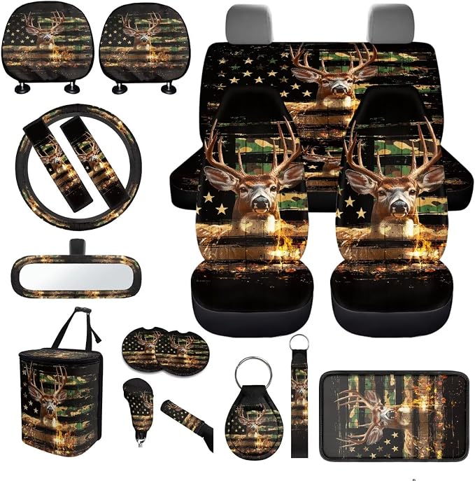 American Flag Deer Car Seat Covers Full Set 18 Pieces Animal Deer Car Interior Accessories Set with Seat Belt Pads Cover Car Trash Can Cars Headrest Covers Rear View Mirror Cover