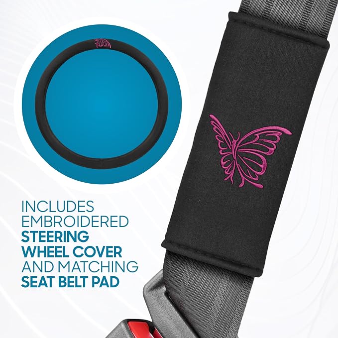 BDK Pink Butterfly Print Car Seat Covers, Full Set with Steering Wheel Cover and Seat Belt Pads, Front and Rear Universal Fit for Car Truck SUV Van, Cute Auto Interior Accessory for Women Girl