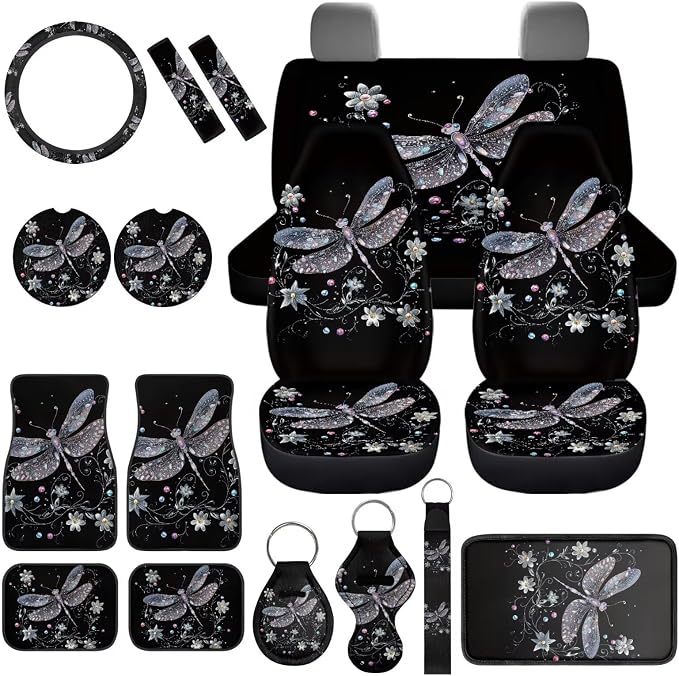 Dragonfly Car Accessories Set 17 Pack Starry Sky Dragonfly Car Seat Covers Full Sets with Vehicle Front Rear Carpets Mats Seat Belt Shoulder Pad Steering Wheel Covers Car Interior Supplies