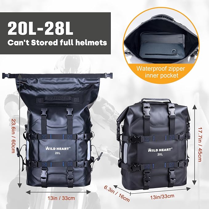 WILD HEART Motorcycle side bag stainless steel suspension waterproof bag Saddlebags 20L/25L waterproof Pianner Bag wear-resistant general-purpose Bike accessories (Black TPU, 20L One Pack)