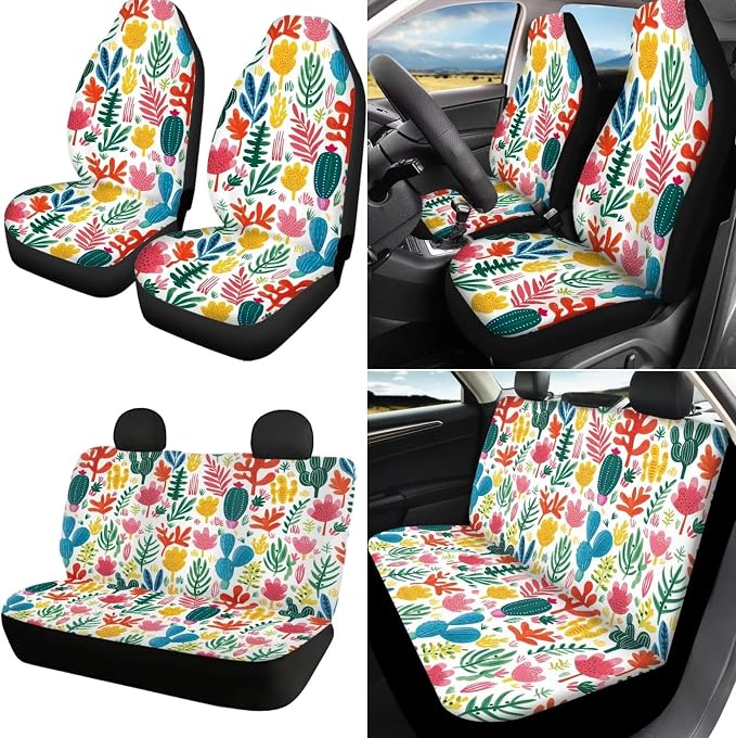 Cactus Car Seat Covers Full Set with Armrest & Steering Wheel Covers, Seat Belt & Handbrake Protectors, Cup Holder Coaster, Head Rest Covers, Keychain - 18 Pack