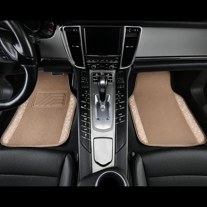 CAR PASS Bling Rhinestones Diamond Car Floor Mat Car Seat Covers Full Set, Crystal Sparkly Shining Glitter Carpet, Waterproof Anti-Slip PVC Heel Pad Universal Fit Interior Girl Women Beige