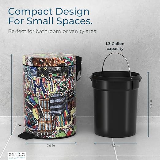 Sanilo Small Bathroom Trash Can with Lid [1.3 Gallon] - Lidded Tiny Trashcan for Garbage - Mini Metal Bin with Soft Closing Mechanism - Bath Room Accessoire Wastebin with Inner Bucket (Graffiti)