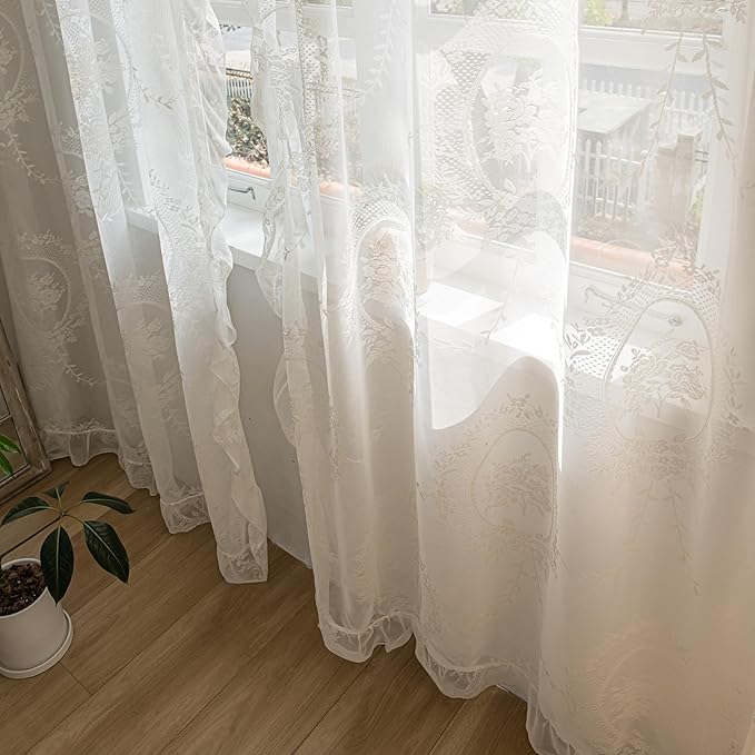 Sutuo Home Lace Curtains 2 Panels 90 Inches Long, Vintage Embroidered Floral Rose Sheer Curtains for Bedroom Living Room, Privacy Country Rustic Windows Treatment Pair, Rod Pocket, W57 x L90,Ivory