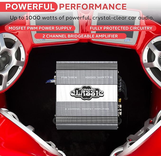 Pyramid PB715X 1000W 2-Channel Bridgeable Car Amplifier – MOSFET Power Supply, Tri-Way Config, 13.8V DC, RCA Input, 90dB SNR, Car Mount, Thermal Protection