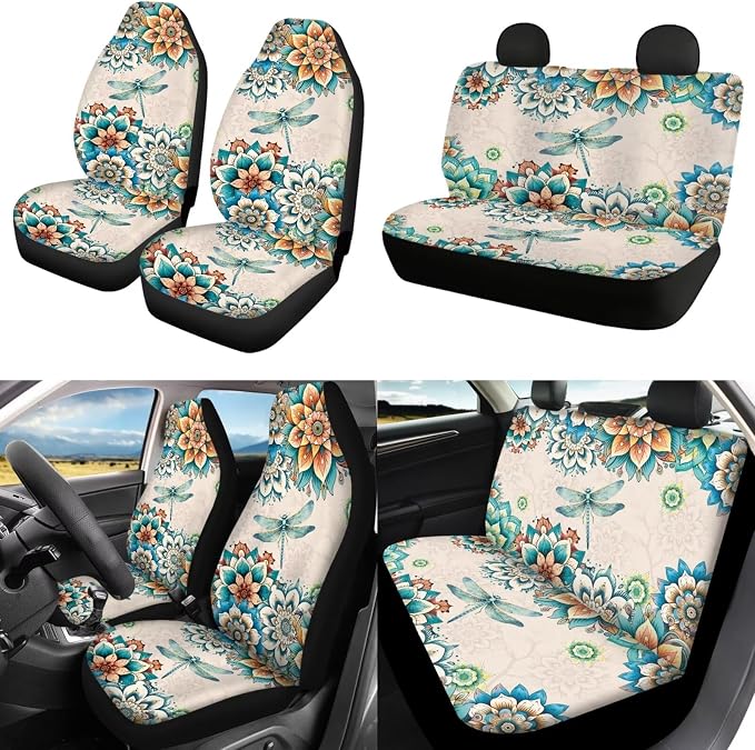 POLERO Boho Dragonfly Seat Covers for Cars for Women Hippie Car Accessories Floral Steering Wheel Cover Full Set 11pcs