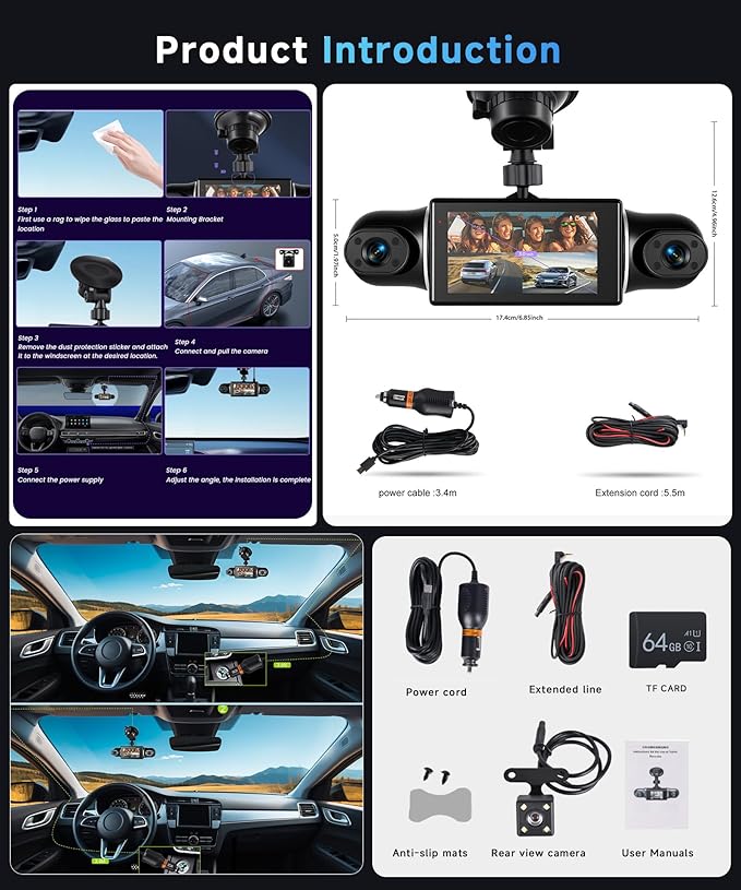 4 Channel 360° Dash Cam Front Rear Inside Left Right 3 Inch 2K Car Dash Camera WiFi Night Vision Motion Detection 24/7 Parking Mode Loop Recording Reverse Monitor Reversing with 64G TF Card