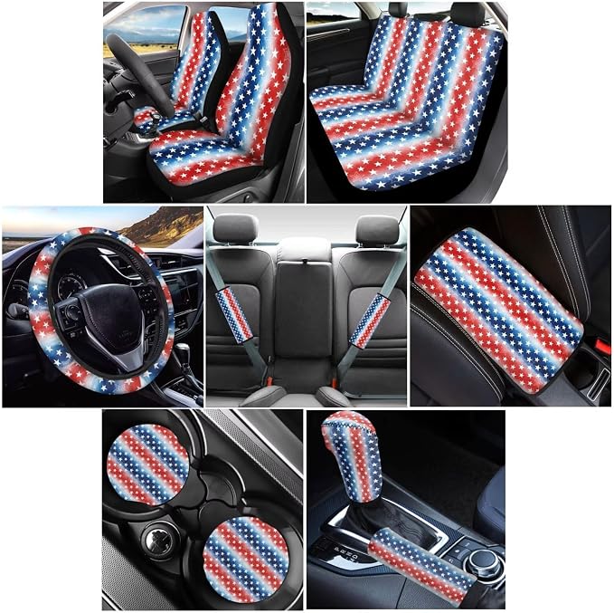 Wanyint Car Accessories 12 PCS, with Car Seat Covers Steering Wheel Seat Belt Pad Armrest Handbrake Gear Shift Cover Coasters Universal 4th of July Auto Interior Decor, Star Stripe US Flag