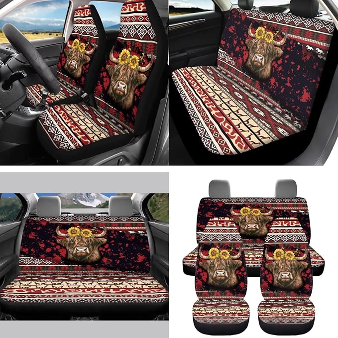 Aztec Car Seat Covers Set of 15 with Universal Steering Wheel Cover, Rearview Mirror Cover, Car Trash Can, Seatbelt Pads, Cup Holder Coasters, Keychains