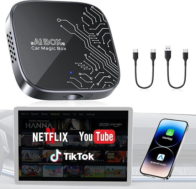 4-in-1 Wireless CarPlay Adapter for Streaming Netflix/YouTube/TikTok/TF Card, 2026 Magic Video AI Box & Android Auto Dongle [Dual Band WiFi, Autolink Pro] Plug & Play, Fits for OEM Wired Car Play Car