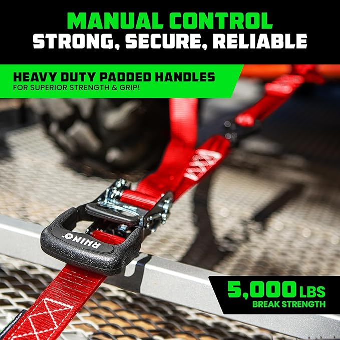 Rhino USA Ratchet Straps Heavy Duty Kit (2-Pack) - 1.6 Inch x 8 Feet Min Break Strength (5,000) - Ultimate Tie Down Straps with Safety S Hooks for Trucks, ATV, UTV, Motorcycle, Cargo & More - Red