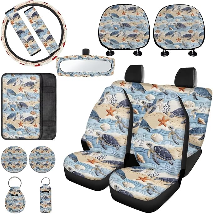 Sea Turtle Print Car Seat Cover Sets Full Set Starfish Shell Print Front and Rear Car Seat Covers Steering Wheel Cover Safety Belt Pads Headrest Protectors Center Console Pad Keychain