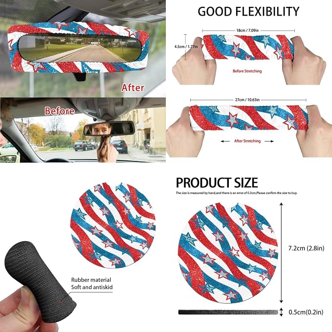 Red and Blue Stripe Stars Auto Interior Accessories Car Seat Covers with Auto Steering Wheel Cover Seat Belt Covers Car Trash Can View Mirror Cover Coaster Keychains
