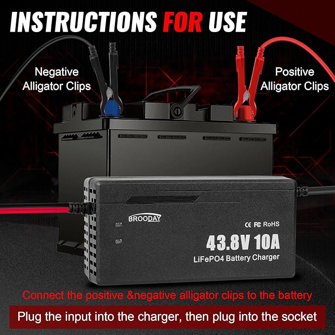 36V 10A LiFePO4 Battery Charger, 43.8V Lithium Battery Charger, Fast Charging, Over-Current and Over-Voltage Protection for 36V Lithium Iron Phosphate Batteries