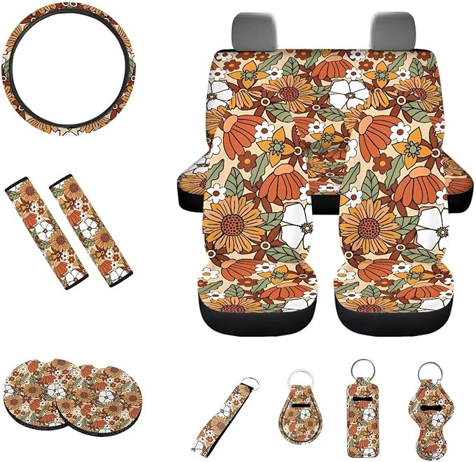 Colorful 70s Flower Hippie Groovy Abstract Pattern Car Seat Cover Set of 4,13 Pack Car Accessories,Steering Cover,Seat Belt Covers,Keychain,Lipstick Holder,Coaster Universal Fit Most Truck