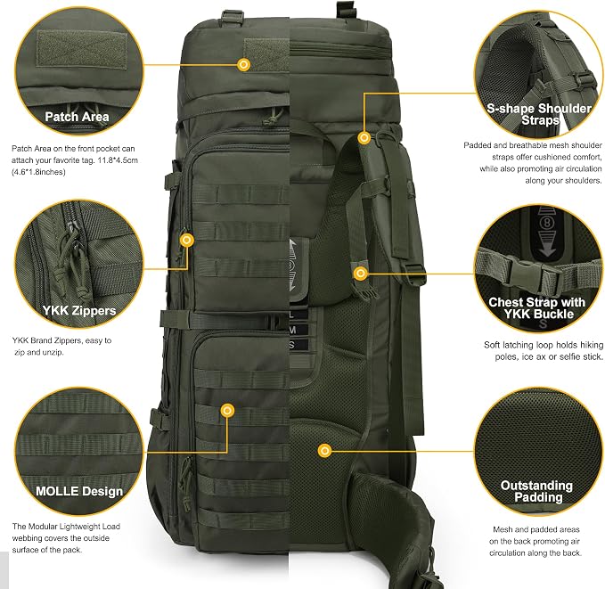 Mardingtop 75L Molle Hiking Internal Frame Backpacks with Rain Cover for Camping,Backpacking,Travelling(Ranger Green)
