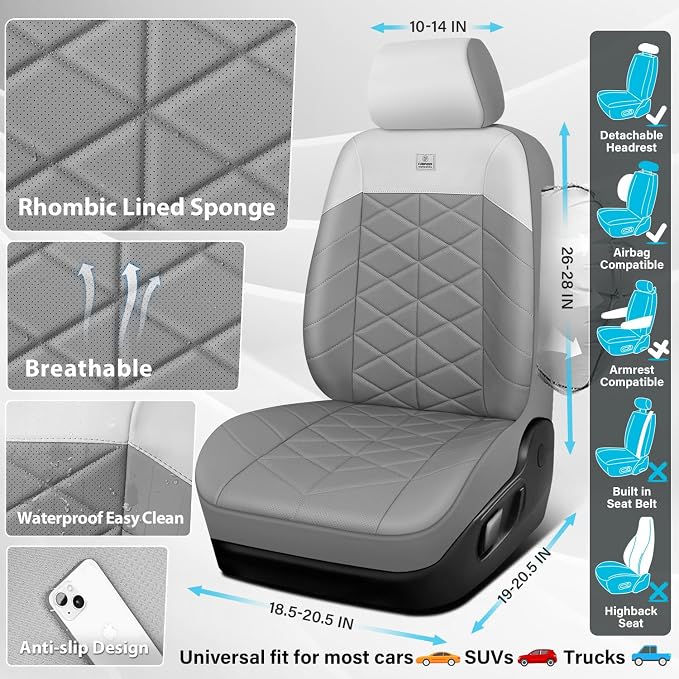 CAR PASS Memory Foam Leather Front Seat Covers, Waterproof Nappa Leather Seat Covers Front Seats Universal Fit for Cars,SUV,Truck Seat Covers Thick 3D Foam Comfortable, Airbag Compatible Gray White