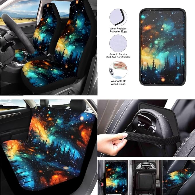 Galaxy Forest Car Seat Cover Full Set of 13, Oil Painting Vehicle Headrest Cover Cup Holder Coaster, Starry Night Impressionism Automotive Interior Covers for Sedan Truck