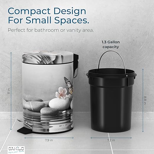 Sanilo Small Bathroom Trash Can with Lid [1.3 Gallon] - Lidded Tiny Trashcan for Garbage - Mini Metal Bin with Soft Closing Mechanism - Bath Room Accessoire Wastebin with Inner Bucket (Vanesa)