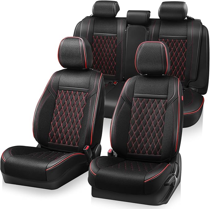 Auto Dynasty Car Seat Covers Full Set, Anti-Slip Automotive Interior Covers with Storage Pocket, Breathable Car Seat Protectors, Airbag Compatible, Fit Most Vehicles, Diamond Stitch Mesh Black