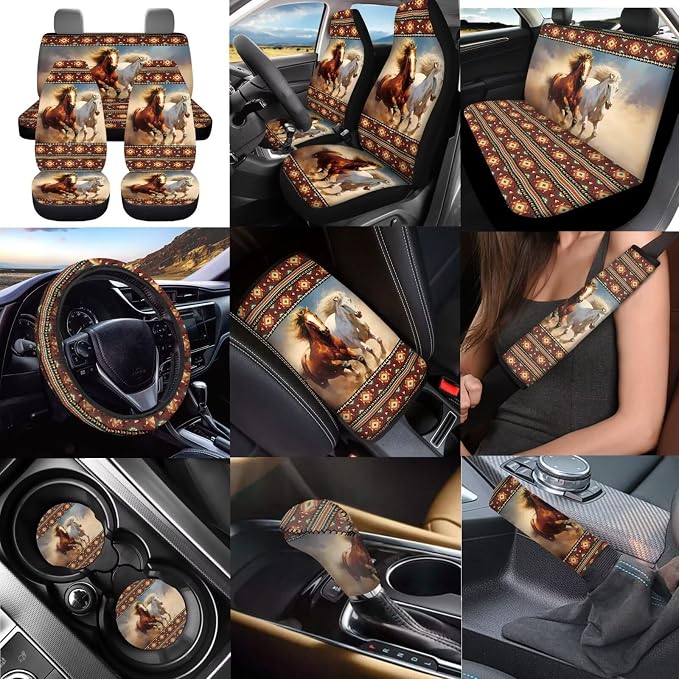 Dreaweet Aztec Horse Seat Covers for Cars Full Set,Brown South Western Car Accessories Steering Wheel Cover/Armrest Cover/Seatbelt Covers/Car Coasters/Gear Shift Cover/Handbrake Cover,12 Pcs Set