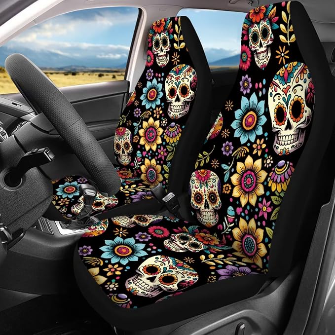 Skull Flower Car Seat Covers Full Set with Front and Split Rear Bench 17 Pack Skull Hippie Flower Car Accessories Set with Car Floor Mats Seat Belt Cover Steering Wheel Covers,Universal Fit
