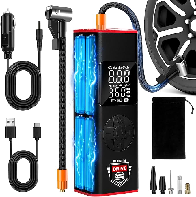 Tire Inflator Portable Air Compressor with LED Light – 12V DC Cordless Air Pump & Auto Shut-Off Function, 150 PSI Electric Air Pump for Car Tires with Digital Tire Pressure Gauge and Car Accessories