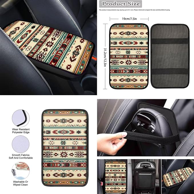 Howilath 10 Piece Universal Fit Ethnic Western Aztec Tribal Car Front Seat Cover with Steering Wheel Cover/Seatbelt Pads/Keychain/Armrest Cushion/Coasters, Easy to Install