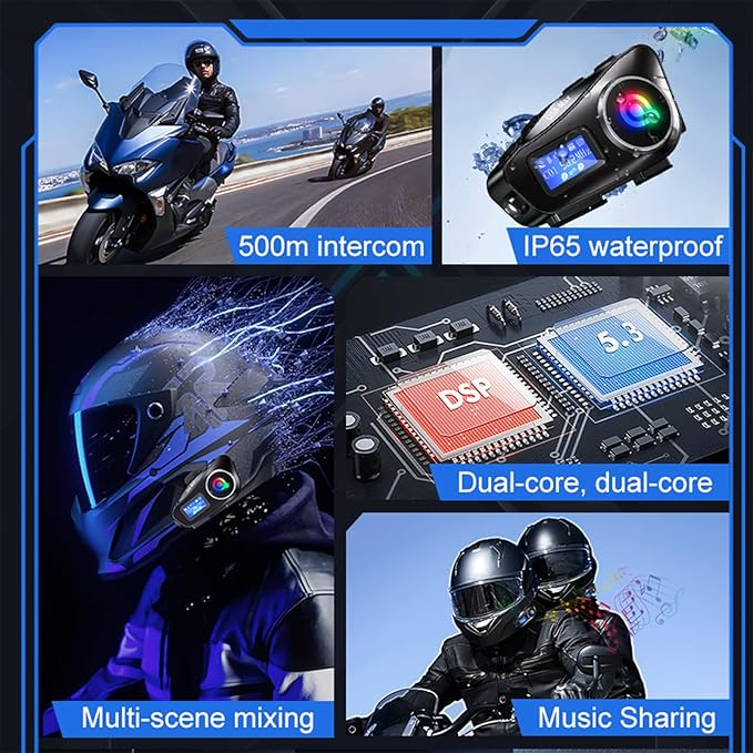 Motorcycle Bluetooth Headset with 500M Intercom, Dual BT5.3 Chip, IPX6 Waterproof, AI Voice Control, LCD Display, 300H Standby, 25H Talk Time, Compatible with Android/iOS Helmet Comm System