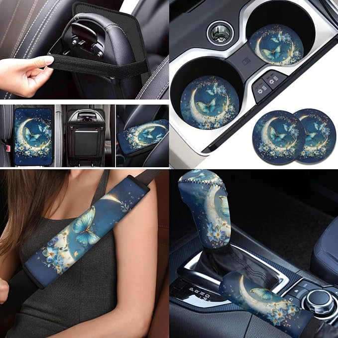 BIGCARJOB 12 Pieces Butterfly Print Car Seat Cover Sets Full Set for Women Auto Interior Accessories Cute Butterfly Print Moon Star Steering Wheel Cover,Car Handbrake Cover for Car SUV Truckr