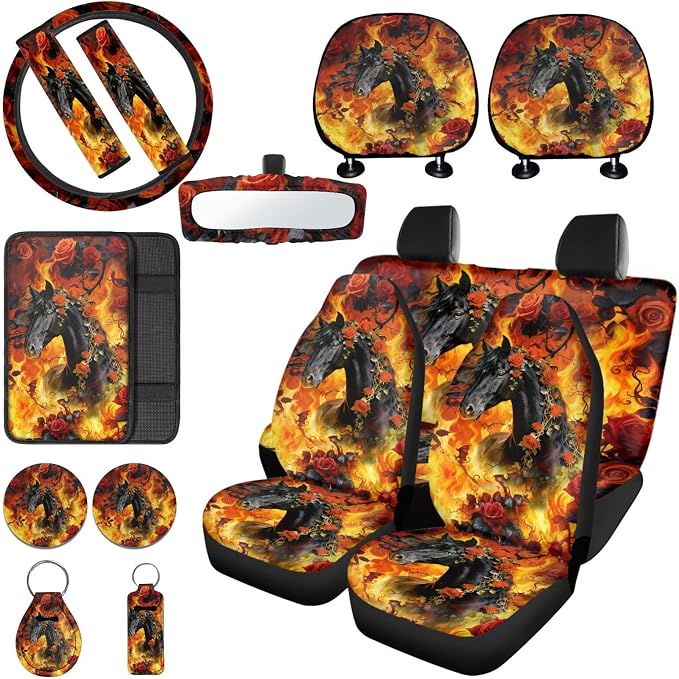 15 Pack Full Set Car Seat Covers Rose Horse Fire Print Car Front and Rear Seat Covers Steering Wheel Cover Seatbelt Pads Armrest Cushion Headrest Protectors, Easy to Install