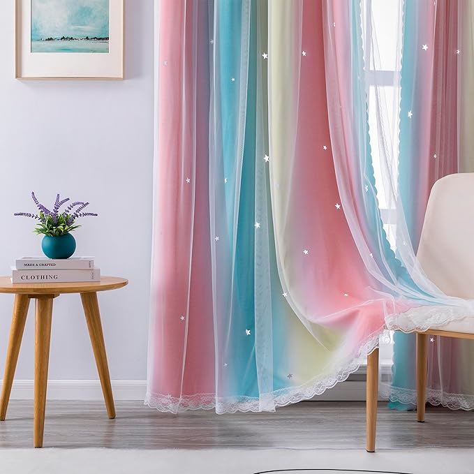 XiDi Girls Bedroom Curtains - Rainbow Unicorn Princess Ombre Blackout Curtains, 72 Inches Long Pink/Blue