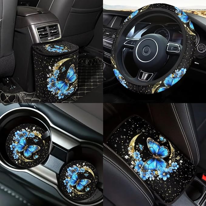 Butterfly Moon Car Seat Covers Full Set 18 Pieces Universal Car Interior Accessories Set with Blue Butterfly Flower Print Car Seat Belt Pads Cover Car Headrest Covers Cup Coasters Keychain