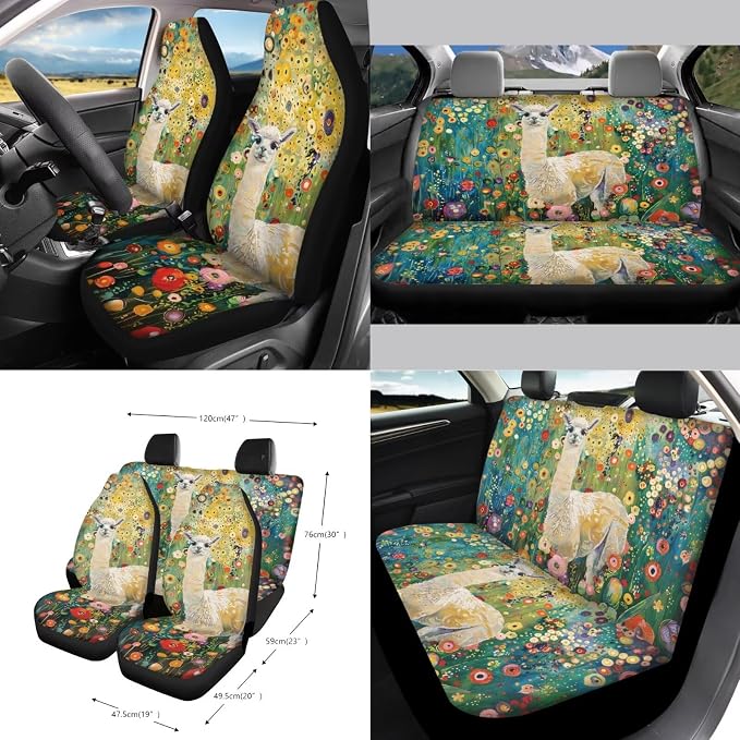 Alpaca Flower Print Automotive Seat Covers & Accessories Full Set, 15Pcs Car Interior Cover Set High Back Seat Covers Steering Wheel Cover Safety Belt Pads for Vehicle Truck Sedan