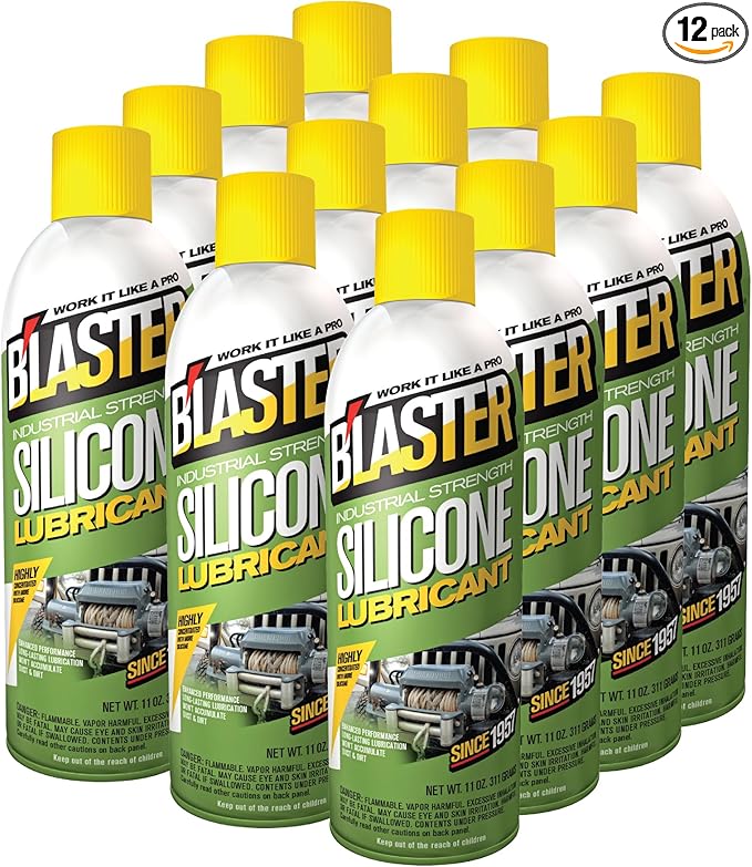 B’Laster Silicone Lubricant Spray, 11 oz Aerosol Cans (12-Pack) – Silicone Spray Lubricant for Rubber & Plastic, Garage Door & Window Track Lubricant, Clean Non-Greasy Finish