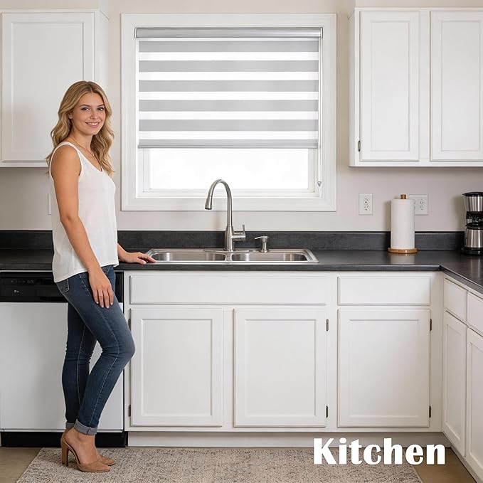 Zebra Blinds for Windows Dual Layer Light Filtering Privacy Free-Stop Sheer Shades Light Control for Indoor Windows Zebra Shades for Living Room(50" W X 72" H, White)
