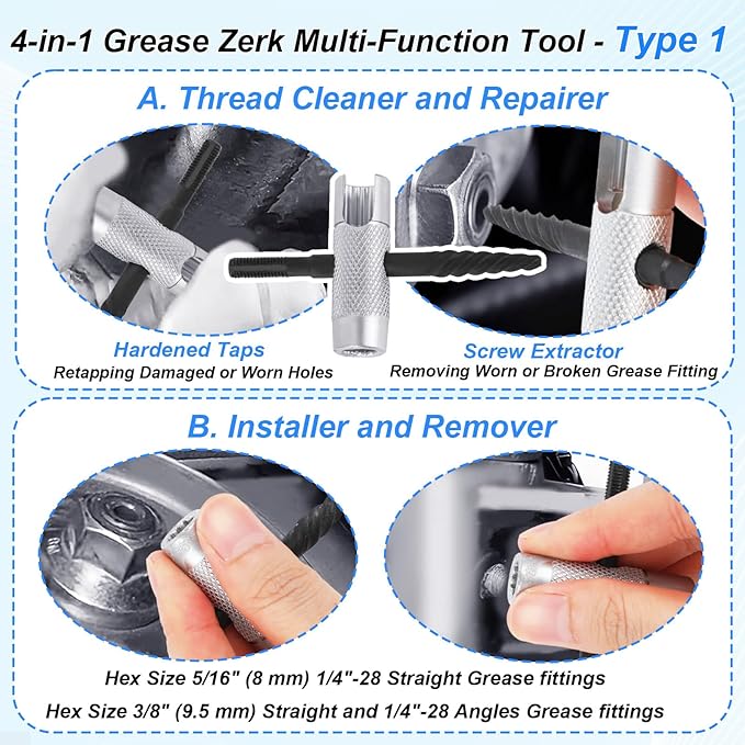 2pcs Grease Zerk Fitting Tool Set, 4-Way Zerk Thread Repair and Removal Kit for 1/4"-28 1/8"-NPT M10x1 M8x1 Threads, 3/8" 5/16" 7/16" Hex Sizes, Grease Fitting Tool for Install Remove Rethread