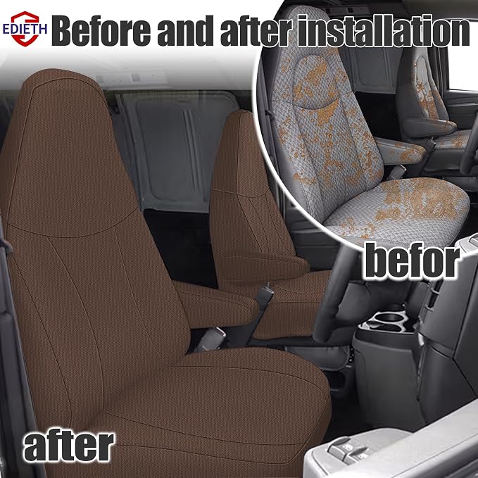 Heavy-Duty 600D Oxford Fabric Seat Covers for Chevrolet Express 2010 2011 2012 2013 2014 2015-2026 Tough & Durable Snug Fit No-Slip - Brown