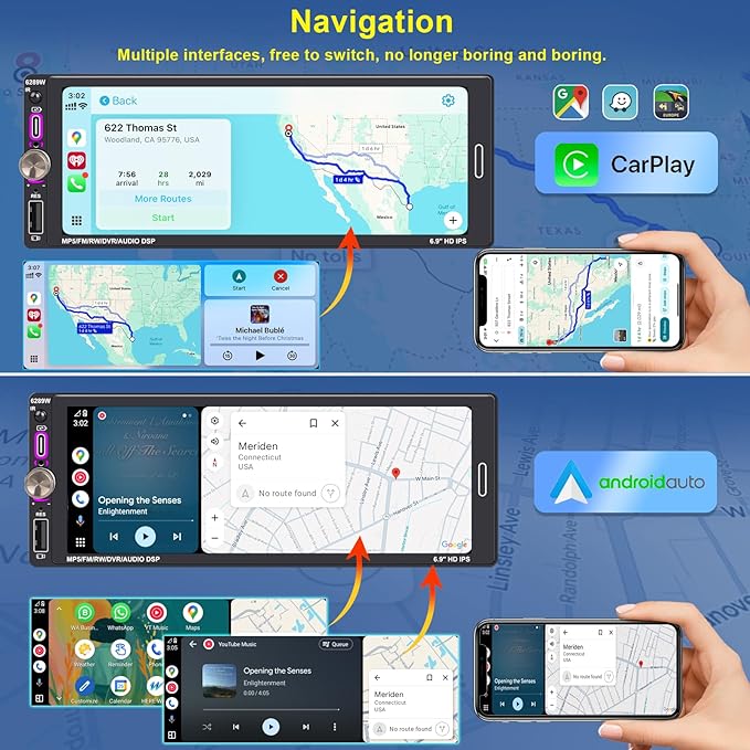 6.9" Single DIN Car Radio with Wireless Apple CarPlay, Car Bluetooth 5.2, AM FM Radio, IPS Touchscreen 1280x480, Backup Camera, Type-C Fast Charging, USB, 180W Subwoofer, Android Auto, GPS Navigation