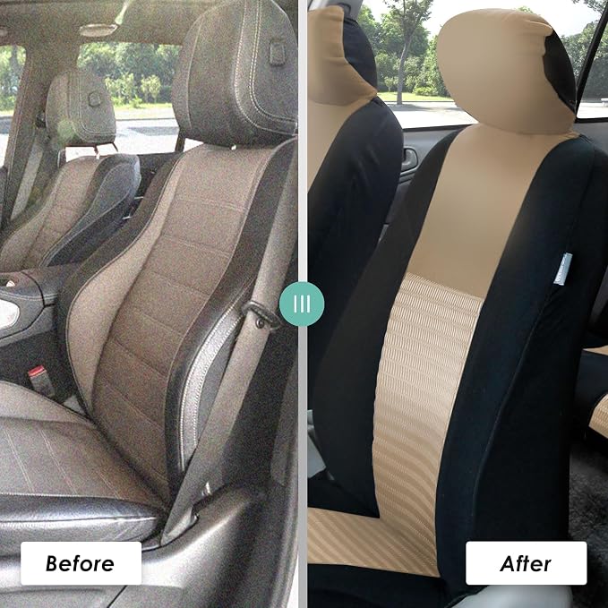 FH Group Car Seat Covers Trendy Elegance 3D Air Mesh Car Accessories, Airbag Compatible and Split Ready Beige Three Row Set 8 Headrest Covers Universal Fit Interior Accessories for Cars Trucks SUV
