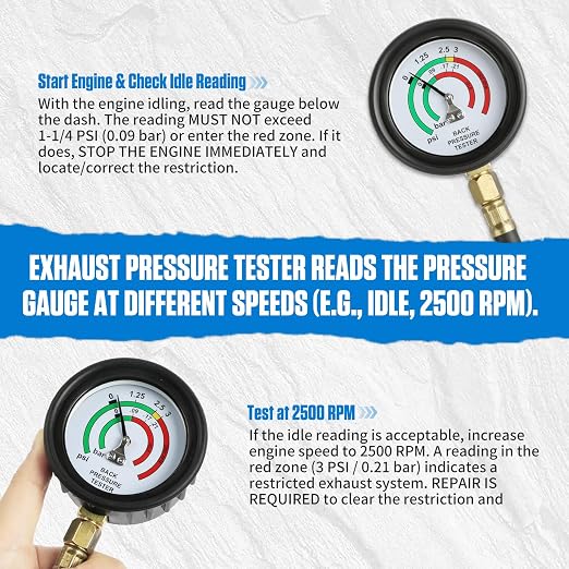 Exhaust Back Pressure Tester Kit, Professional Automotive Exhaust Back Pressure Gauge Set with 5FT Hose, M12 & M18 Adapters, for Trucks, SUVs, Vans etc.