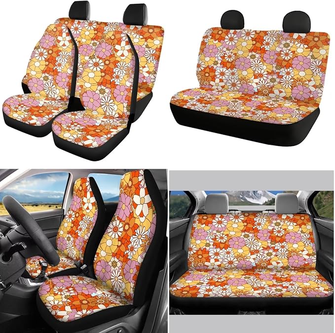 POLERO 70S Car Seat Covers Set for Women Groovy Floral Steering Wheel Cover Retro Hippie Flower Seatbelt Covers Cupholder Coasters with Cute Keychains, 11pcs