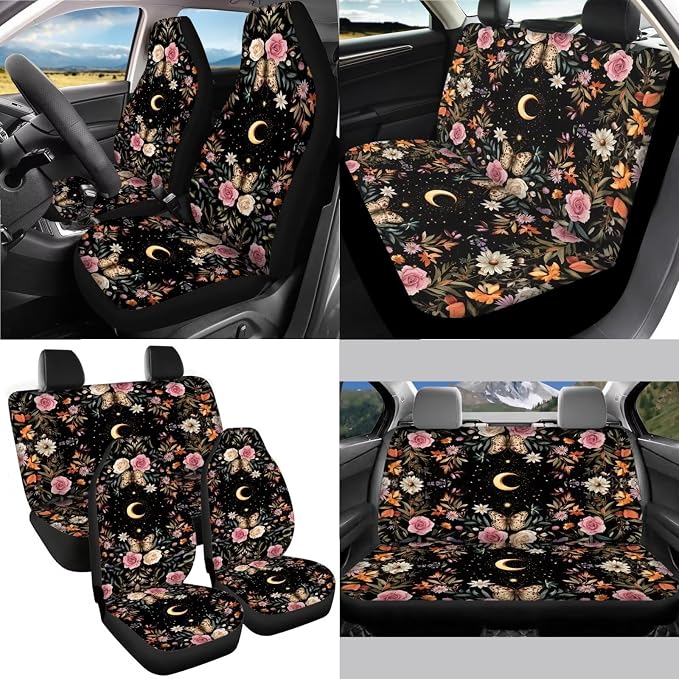Butterfly Moon Rose Pattern Car Accessories Pack of 13, Comfortable Car Seat Covers Full Set, Steering Wheel Cover and Seat Belt Protector, Coasters with Finger Notch for Women and Men