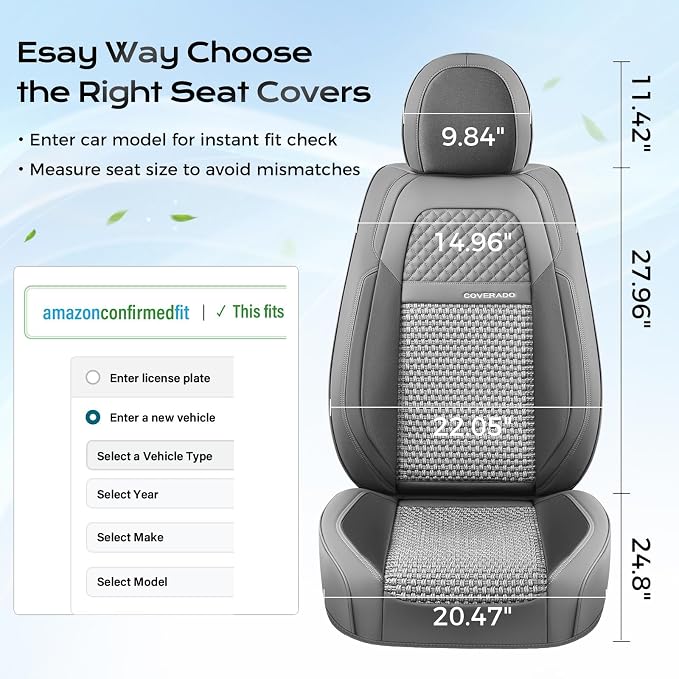 Coverado Car Seat Covers Front Seats, Waterproof Front Seat Covers Nappa Leather Seat Covers for Cars, Breathable Summer Car Seat Cushion Universal Fit for Most Cars SUV Trucks(Front, Gray)
