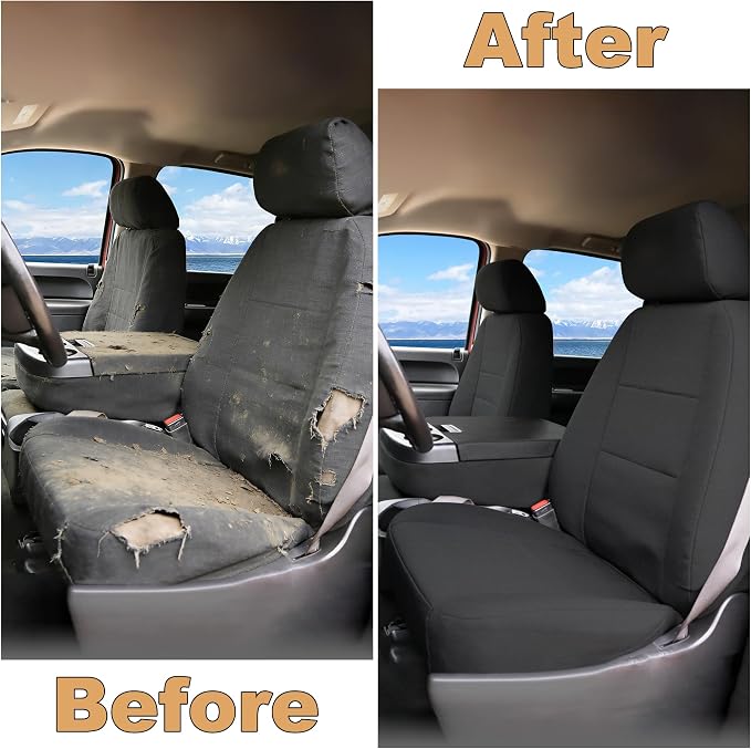 Seat Covers for Chevy Silverado & GMC Sierra 1500/2500HD 2007-2013 Heavy Duty Cloth Protector Interior Accessories，Waterproof & Machine Washable-Black (Front)
