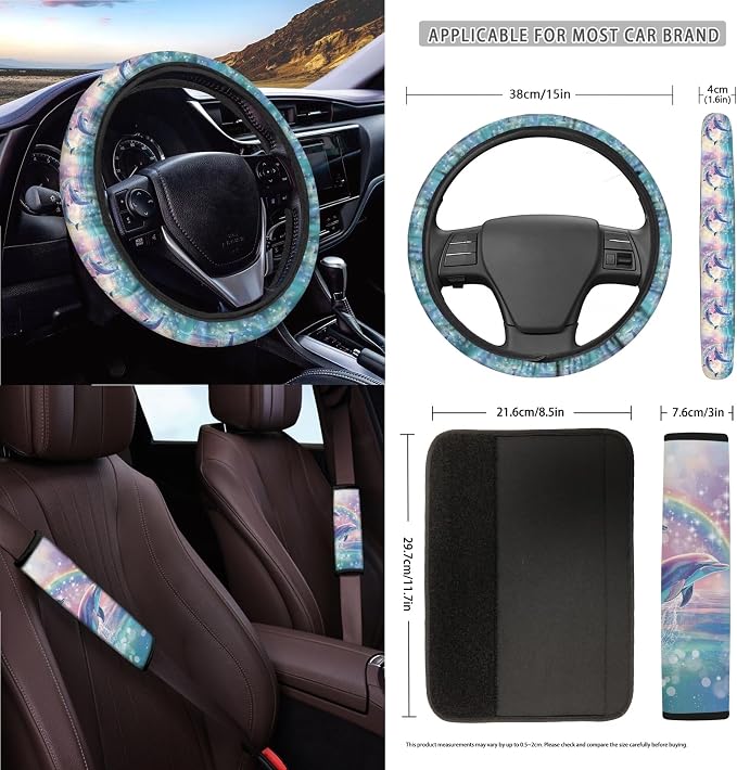 Dolphin Rainbow Print 15 Pack Car Accessories Set Car Seat Covers Steering Wheel Cover Seat Belt Strap Pad Rearview Mirror Cover Garbage Cans Air Vent Storage Bag Cup Holder Key Chain
