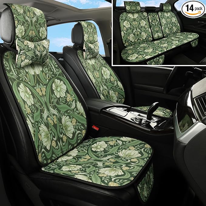 Car Seat Covers,Green Floral William Morris Desgin,Breathable 3D Air Fabric Automotive Seat Cushions, Vintage Boho Aesthetic Interior Accessories, Universal Fit, Machine Washable