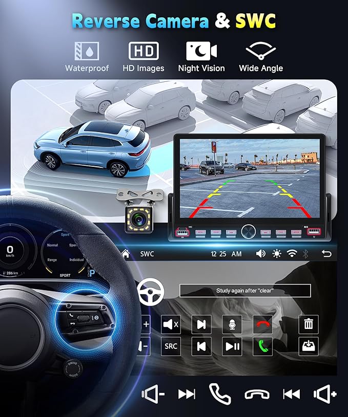 Single Din Car Radio Stereo, 7 inch Touch Screen Radio for Car Stereo Receivers, 1 Din Bluetooth Radio, HD Backup Camera, SWC, Mirror Link, Support FM/EQ/SD/AUX, USB Fast Charging